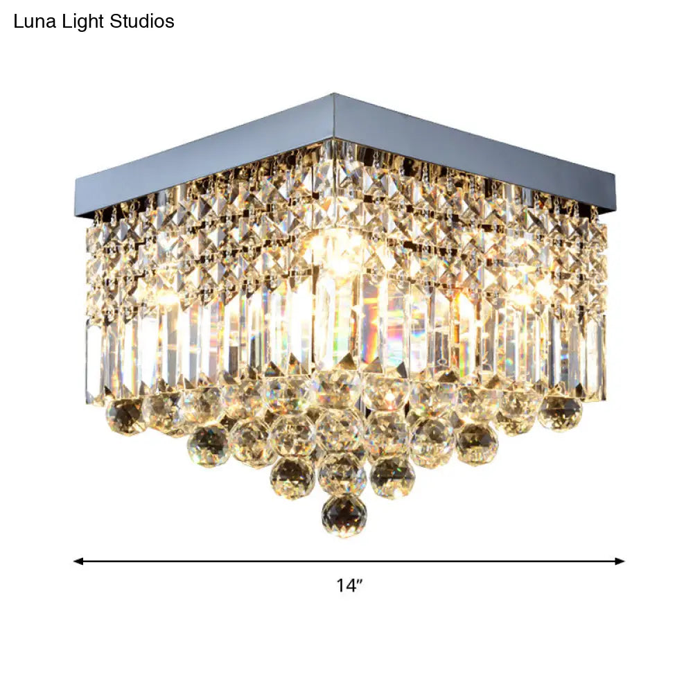Contemporary Flush Light With Faceted Crystal And 2/4 Heads - Rectangle Corridor Ceiling Mounted In