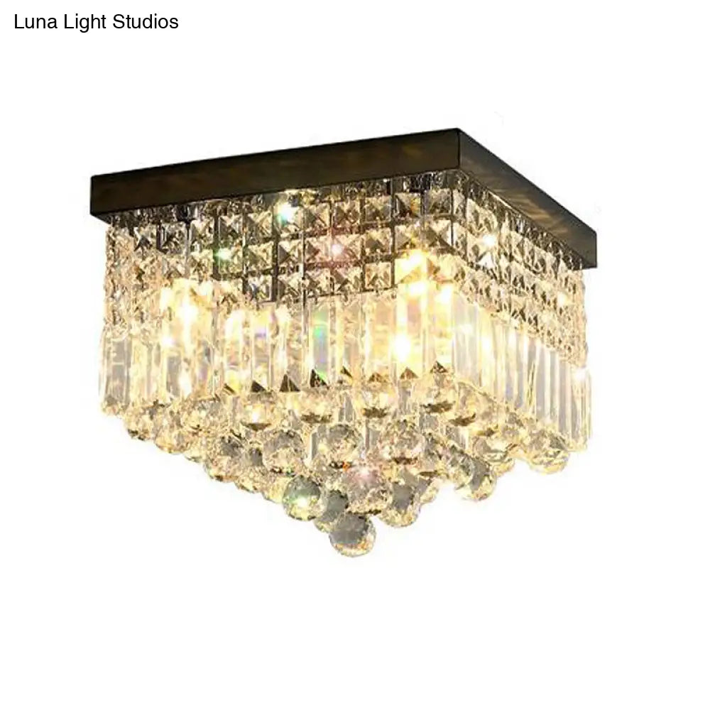 Contemporary Flush Light With Faceted Crystal And 2/4 Heads - Rectangle Corridor Ceiling Mounted In