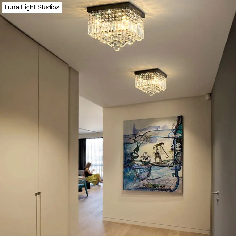 Contemporary Flush Light With Faceted Crystal And 2/4 Heads - Rectangle Corridor Ceiling Mounted In