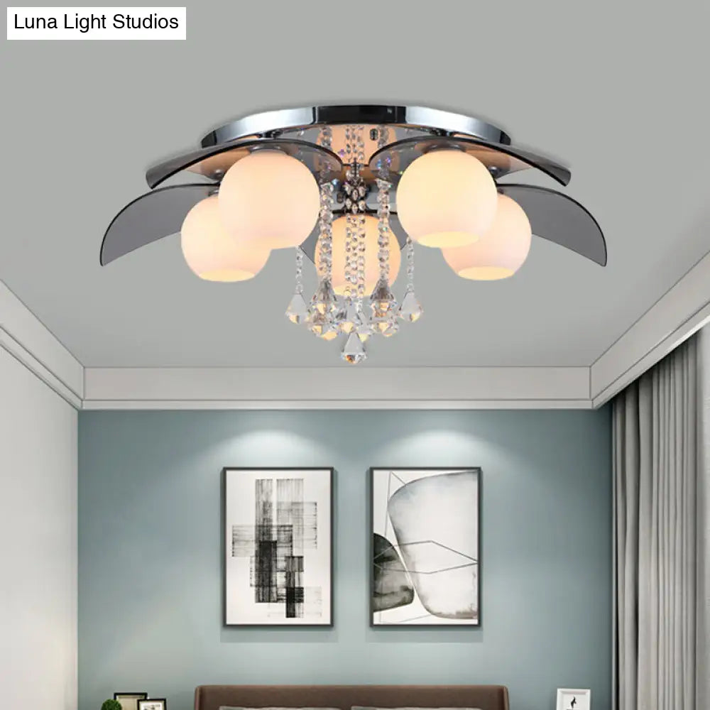 Contemporary Flush Mount Lamp With Milkglass Crystal Strand & Leaf Decor - 5 Lights Ideal For Hotels