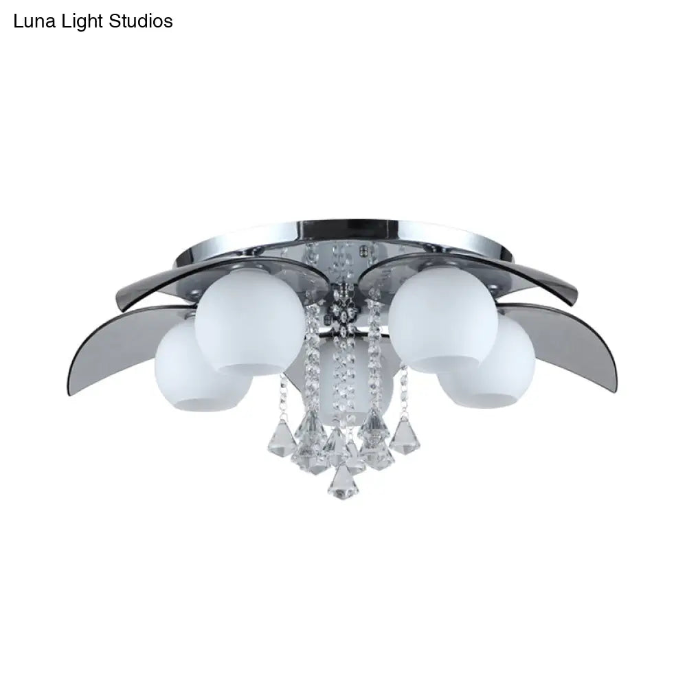 Contemporary Flush Mount Lamp With Milkglass Crystal Strand & Leaf Decor - 5 Lights Ideal For