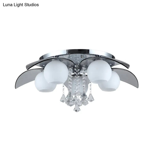 Contemporary Flush Mount Lamp With Milkglass Crystal Strand & Leaf Decor - 5 Lights Ideal For
