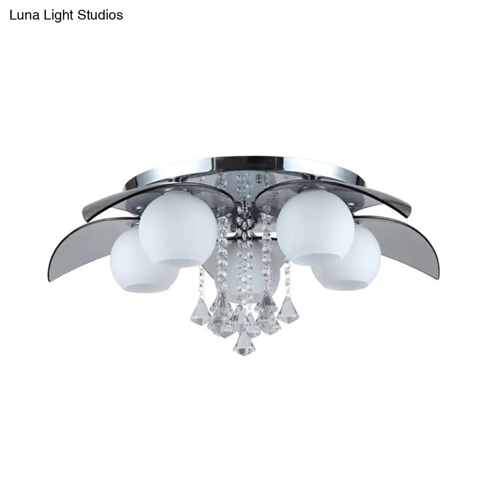 Contemporary Flush Mount Lamp With Milkglass Crystal Strand & Leaf Decor - 5 Lights Ideal For Hotels