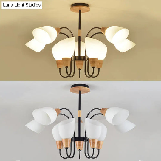 Contemporary Frosted Glass Chandelier - Modern White Bud Shape Suspended Light For Living Room And