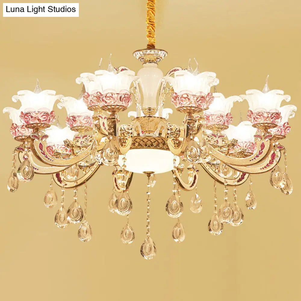 Modern Frosted Glass Flower Chandelier Pendant With Crystal Accents For Living Room Décor