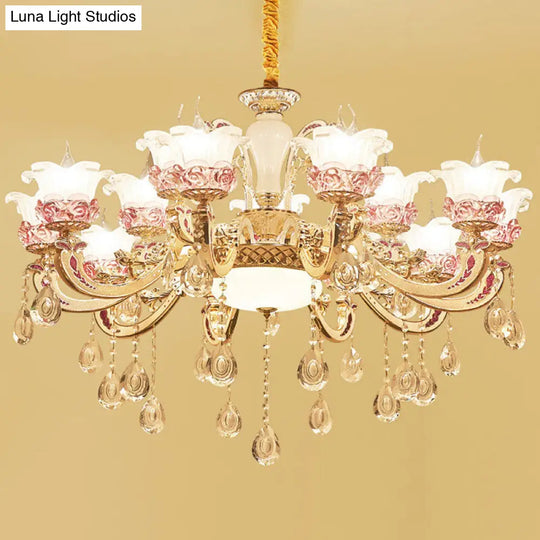 Modern Frosted Glass Flower Chandelier Pendant With Crystal Accents For Living Room Décor