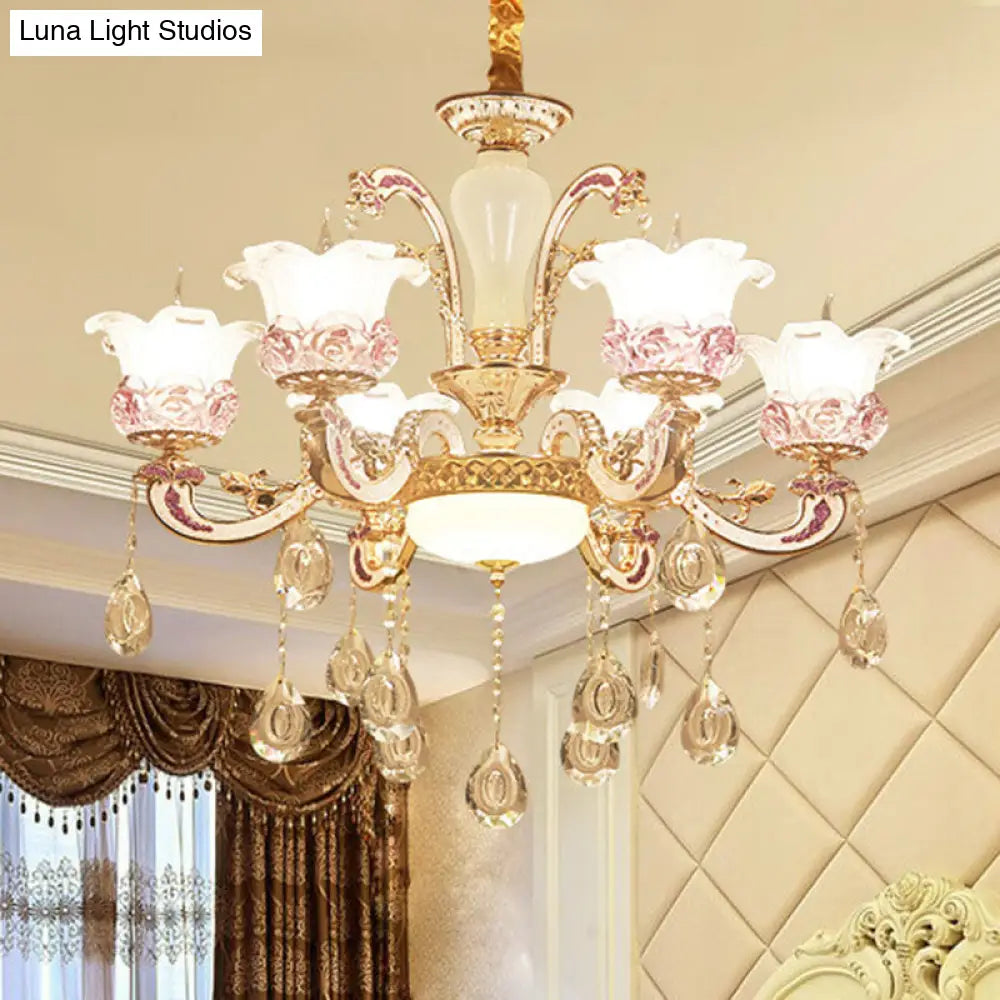 Modern Frosted Glass Flower Chandelier Pendant With Crystal Accents For Living Room Décor 6 / Gold