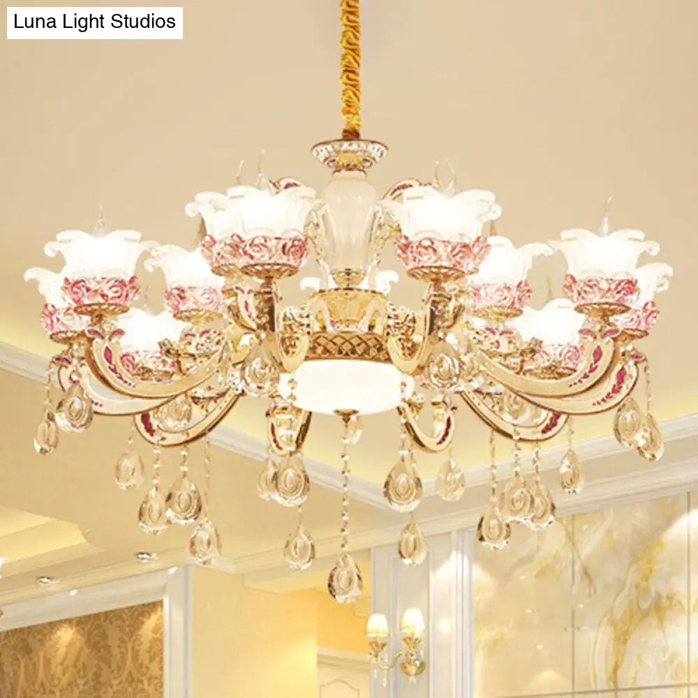 Modern Frosted Glass Flower Chandelier Pendant With Crystal Accents For Living Room Décor 15 / Gold