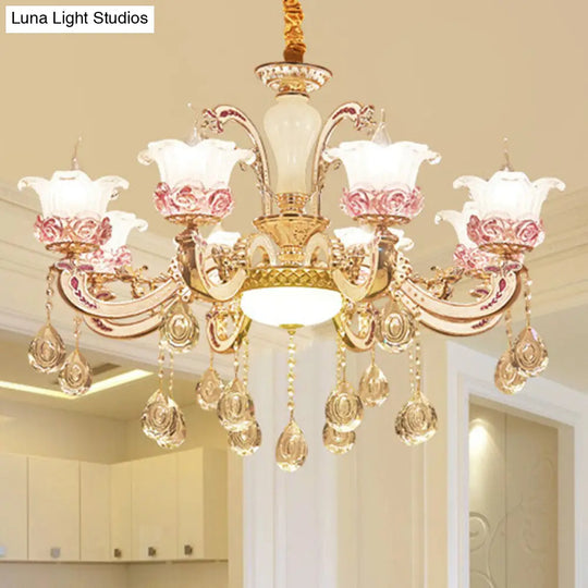 Modern Frosted Glass Flower Chandelier Pendant With Crystal Accents For Living Room Décor 8 / Gold