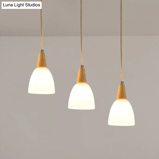 Contemporary Frosted Glass Dome Pendant: 3-Light Beige Suspension Lamp With Wood Top