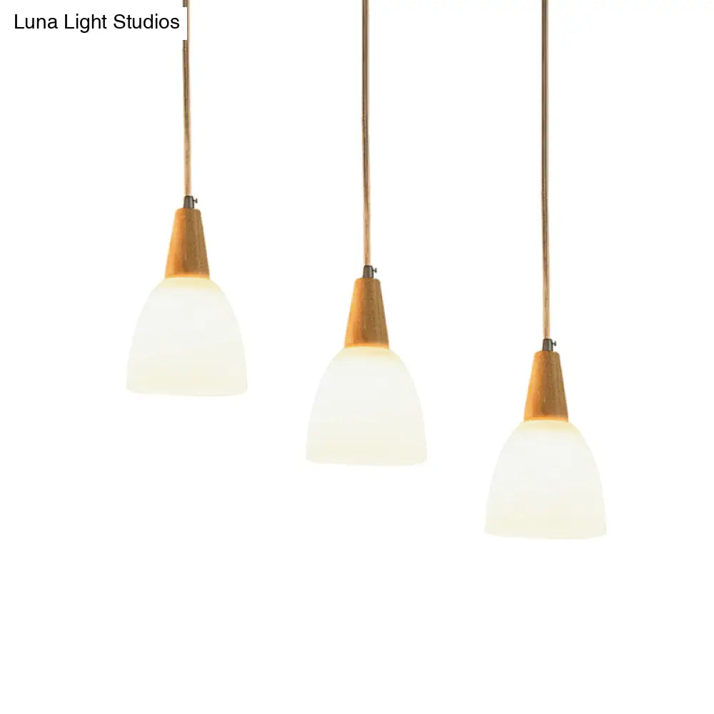 Contemporary Frosted Glass Dome Pendant: 3-Light Beige Suspension Lamp With Wood Top