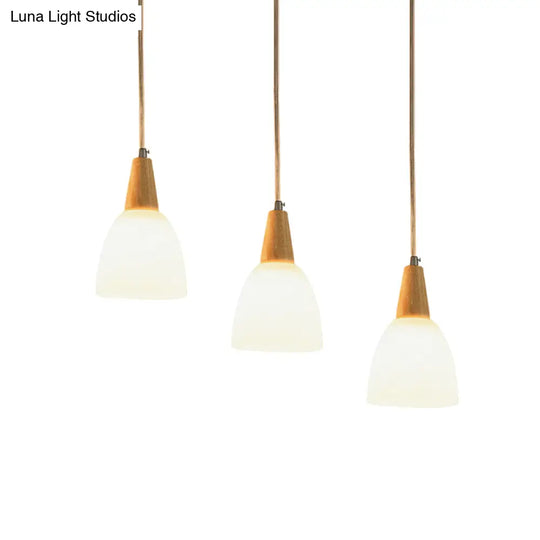 Contemporary Frosted Glass Dome Pendant: 3-Light Beige Suspension Lamp With Wood Top