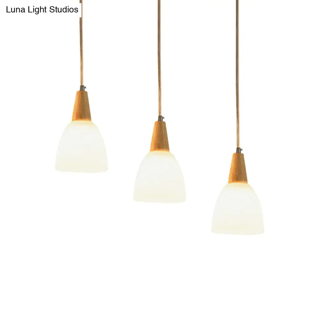 Contemporary 3-Light Beige Hanging Lamp With Frosted Glass Dome And Wood Top