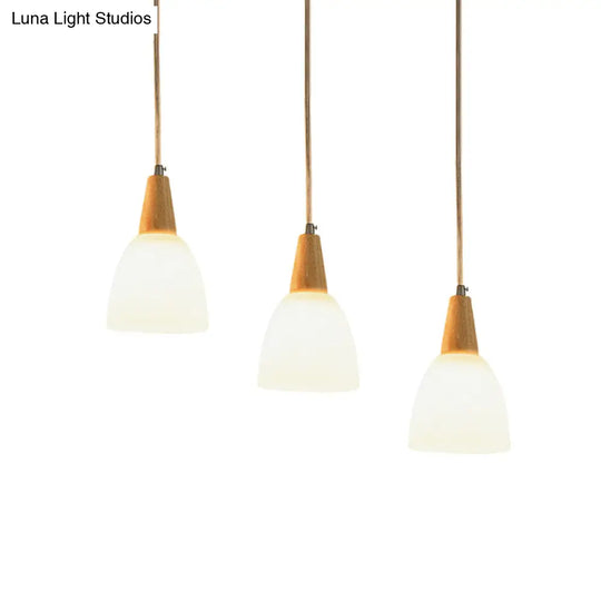 Contemporary 3-Light Beige Hanging Lamp With Frosted Glass Dome And Wood Top