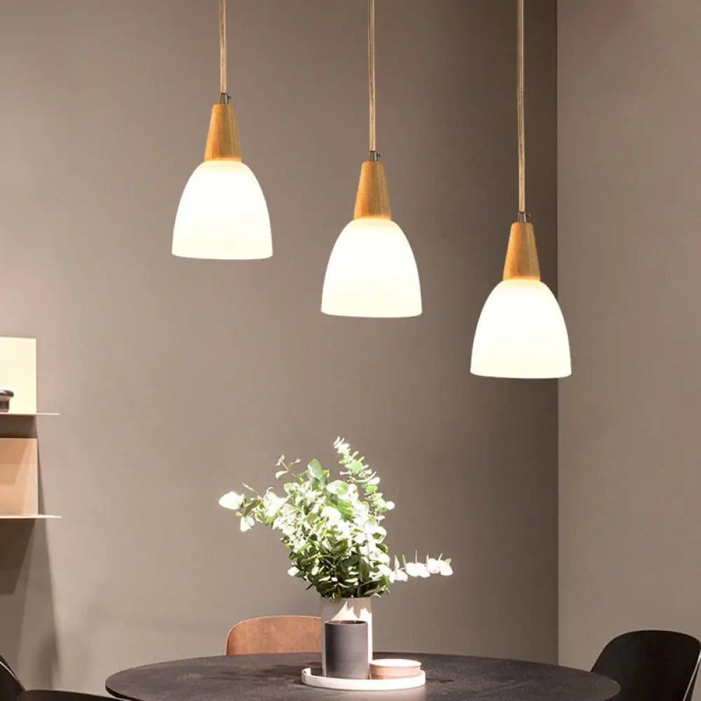 Contemporary Frosted Glass Dome Pendant: 3-Light Beige Suspension Lamp With Wood Top