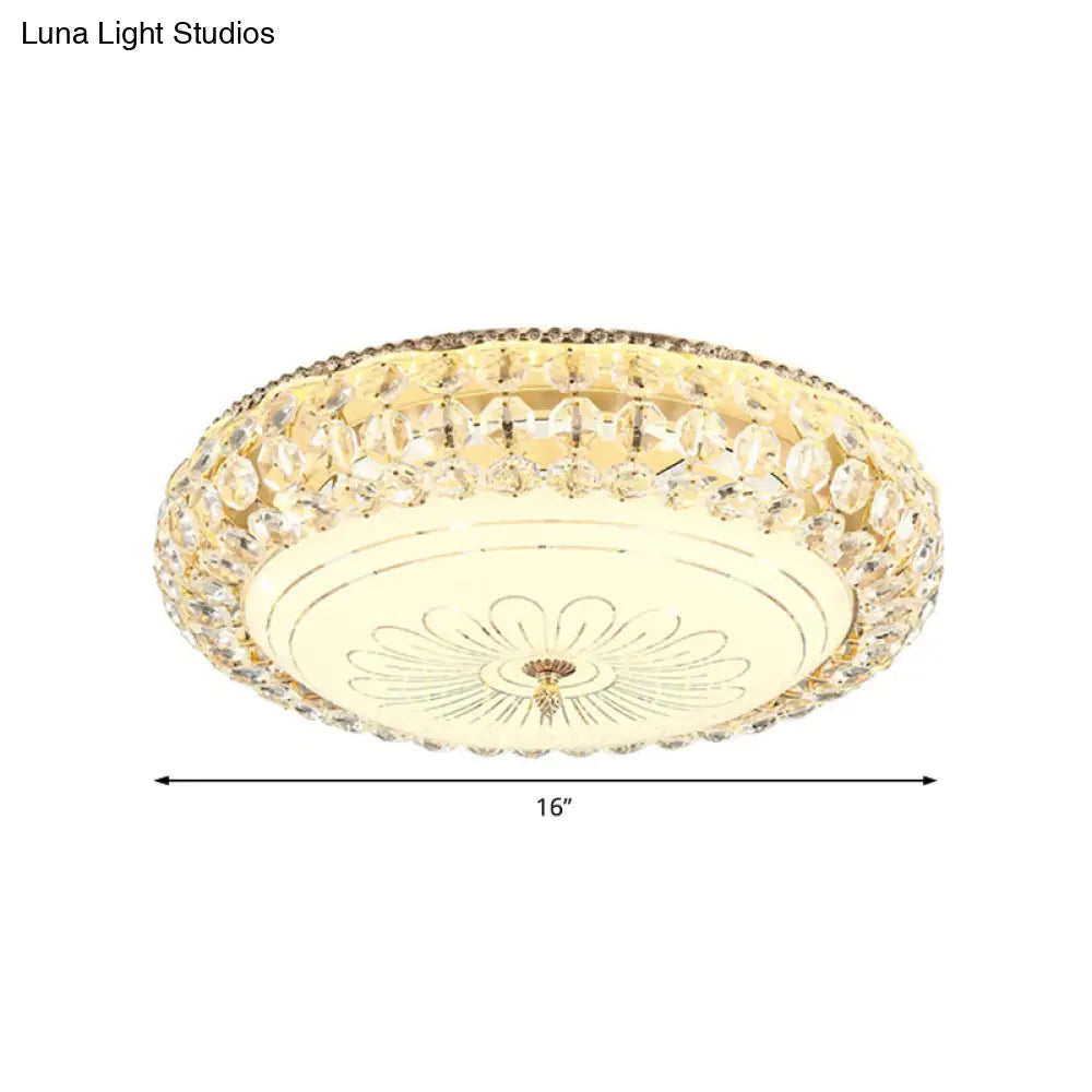 Contemporary Frosted Glass Led Ceiling Light With K9 Crystal In Gold - 12’/16’ Wide