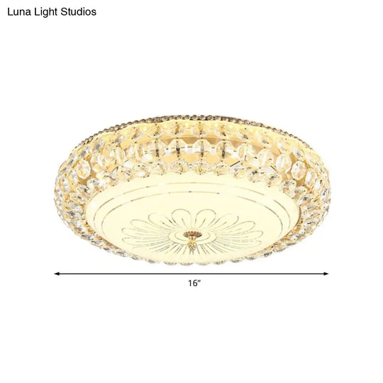 Contemporary Frosted Glass Led Ceiling Light With K9 Crystal In Gold - 12’/16’ Wide