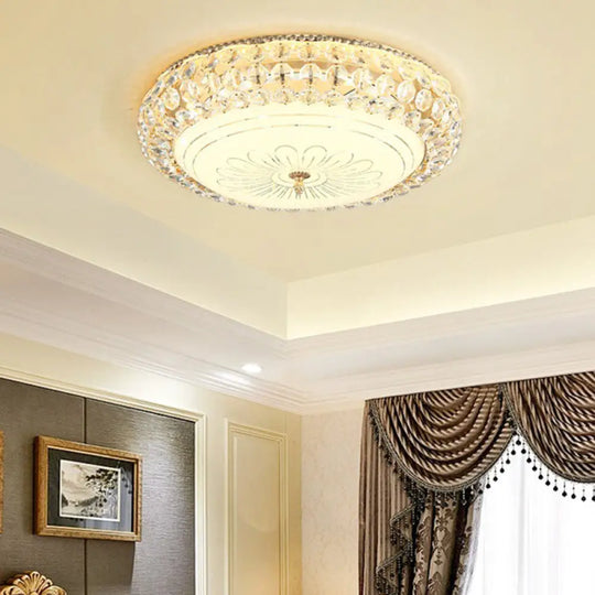 Contemporary Frosted Glass Led Ceiling Light With K9 Crystal In Gold - 12’/16’ Wide / 19.5’
