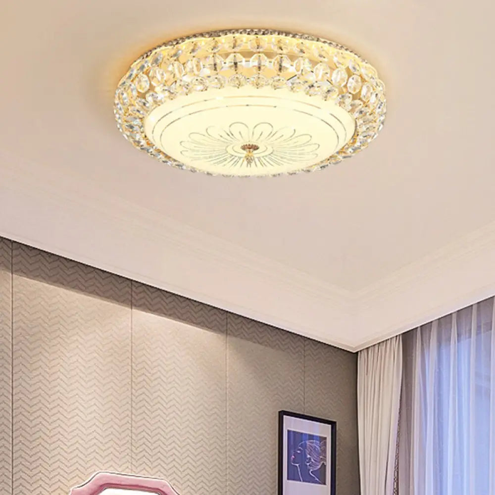 Contemporary Frosted Glass Led Ceiling Light With K9 Crystal In Gold - 12’/16’ Wide / 23.5’