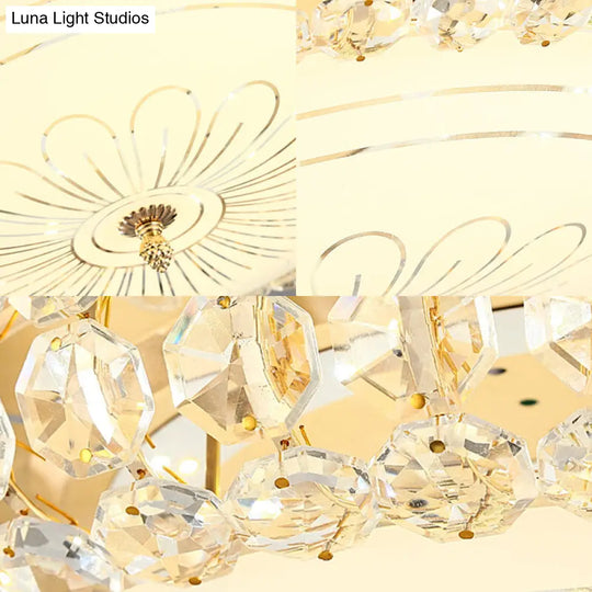 Contemporary Frosted Glass Led Ceiling Light With K9 Crystal In Gold - 12/16 Wide