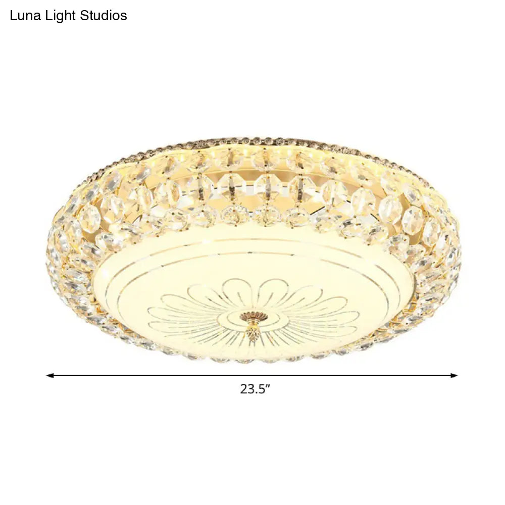 Contemporary Frosted Glass Led Ceiling Light With K9 Crystal In Gold - 12/16 Wide