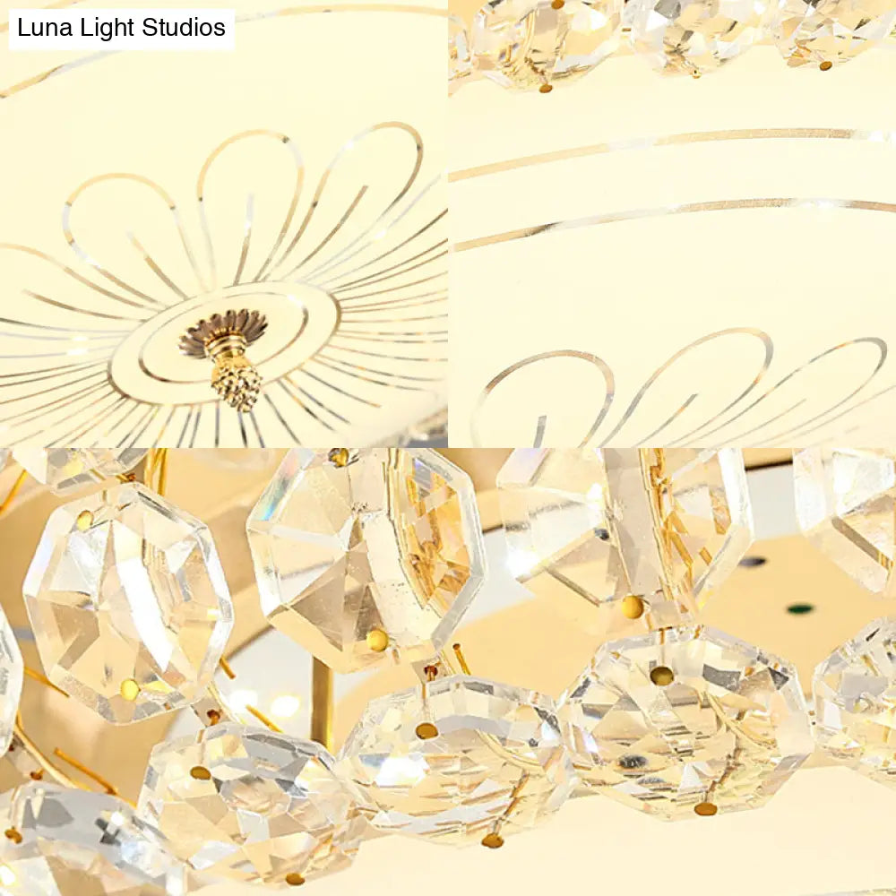 Contemporary Frosted Glass Led Ceiling Light With K9 Crystal In Gold - 12’/16’ Wide