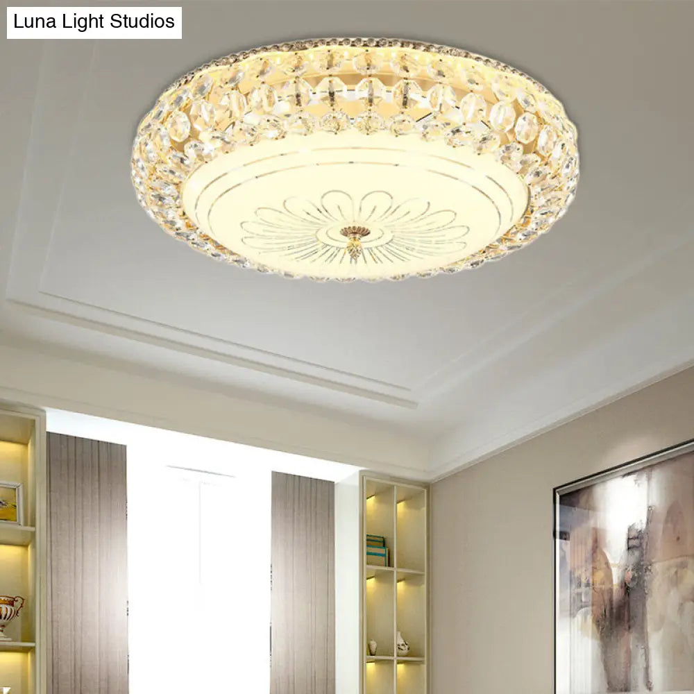 Contemporary Frosted Glass Led Ceiling Light With K9 Crystal In Gold - 12/16 Wide