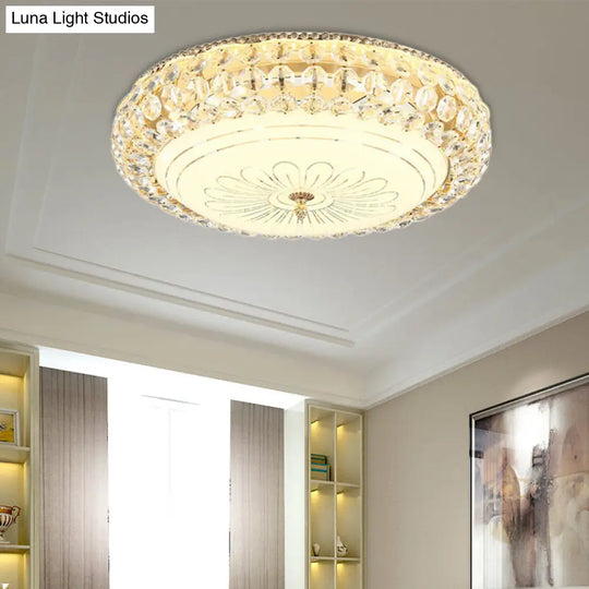 Contemporary Frosted Glass Led Ceiling Light With K9 Crystal In Gold - 12/16 Wide