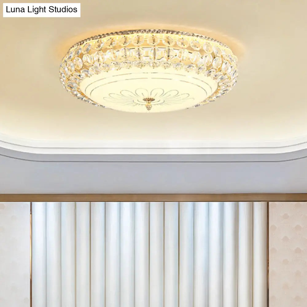 Contemporary Frosted Glass Led Ceiling Light With K9 Crystal In Gold - 12/16 Wide / 16