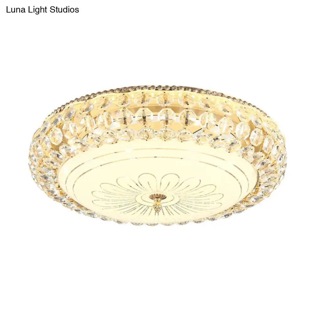 Contemporary Frosted Glass Led Ceiling Light With K9 Crystal In Gold - 12’/16’ Wide