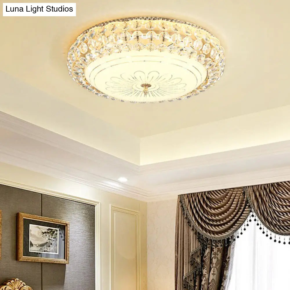 Contemporary Frosted Glass Led Ceiling Light With K9 Crystal In Gold - 12/16 Wide / 19.5