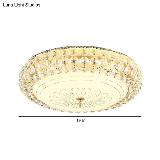 Contemporary Frosted Glass Led Ceiling Light With K9 Crystal In Gold - 12/16 Wide