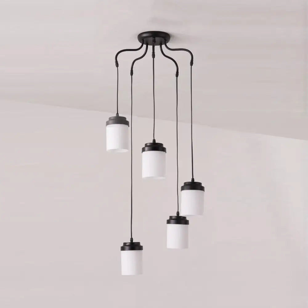 Contemporary Frosted Glass Pendant Lamp: Cylinder Shade Hanging Light In Black & White Perfect For