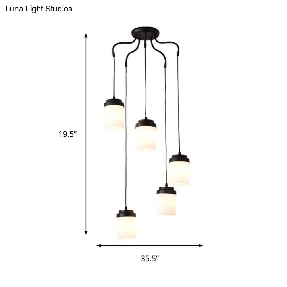 Contemporary Frosted Glass Pendant Lamp: Cylinder Shade Hanging Light In Black & White Perfect For