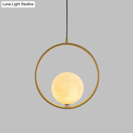 Contemporary Frosted White Glass Globe Pendant Light - Gold Ceiling Lamp With Metal Ring