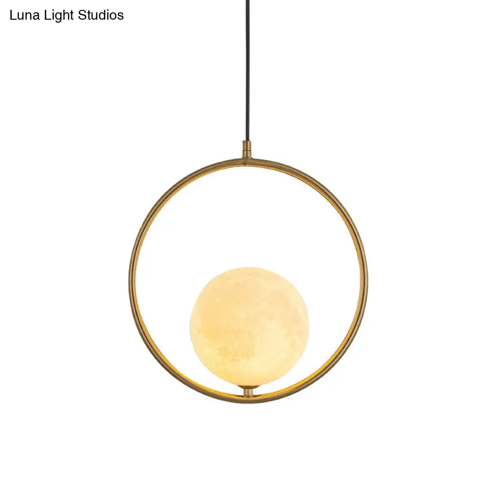 Contemporary Frosted White Glass Globe Pendant Light - Gold Ceiling Lamp With Metal Ring