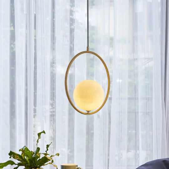 Contemporary Frosted White Glass Globe Pendant Light - Gold Ceiling Lamp With Metal Ring