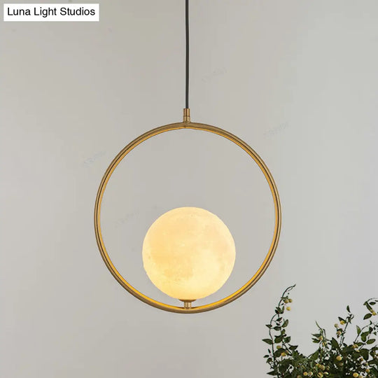 Contemporary Frosted White Glass Globe Pendant Light - Gold Ceiling Lamp With Metal Ring