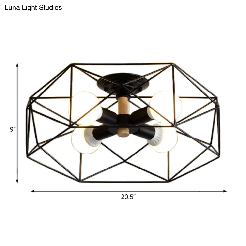 Contemporary Geometric Semi Flush Mount Light With Wire-Cage Shade - 3/4/5 Options