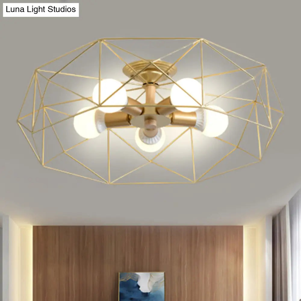 Contemporary Geometric Semi Flush Mount Light With Wire-Cage Shade - 3/4/5 Options