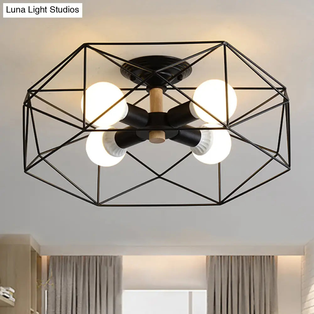 Contemporary Geometric Semi Flush Mount Light With Wire-Cage Shade - 3/4/5 Options