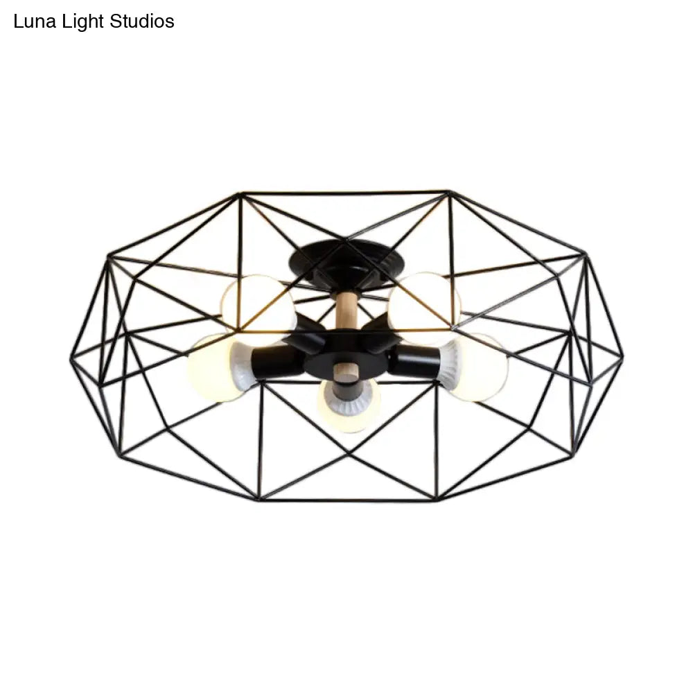 Contemporary Geometric Semi Flush Mount Light With Wire-Cage Shade - 3/4/5 Options