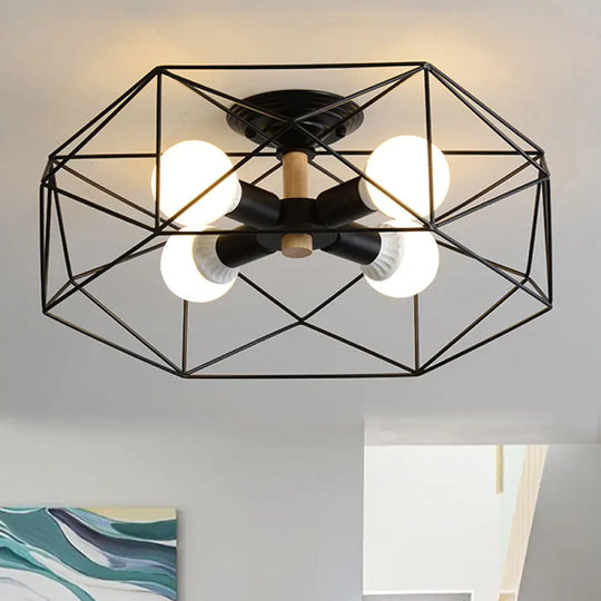 Contemporary Geometric Semi Flush Mount Light With Wire-Cage Shade - 3/4/5 Options