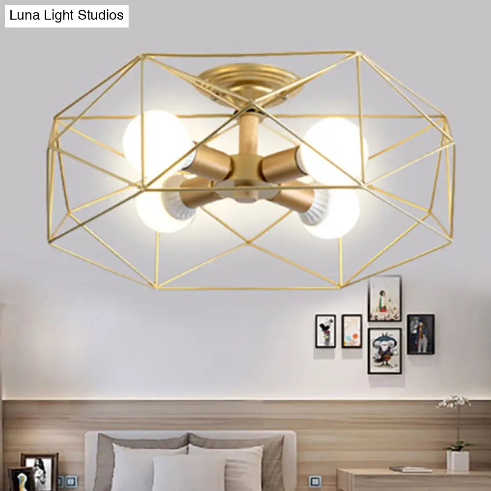 Contemporary Geometric Semi Flush Mount Light With Wire-Cage Shade - 3/4/5 Options