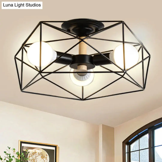 Contemporary Geometric Semi Flush Mount Light With Wire-Cage Shade - 3/4/5 Options