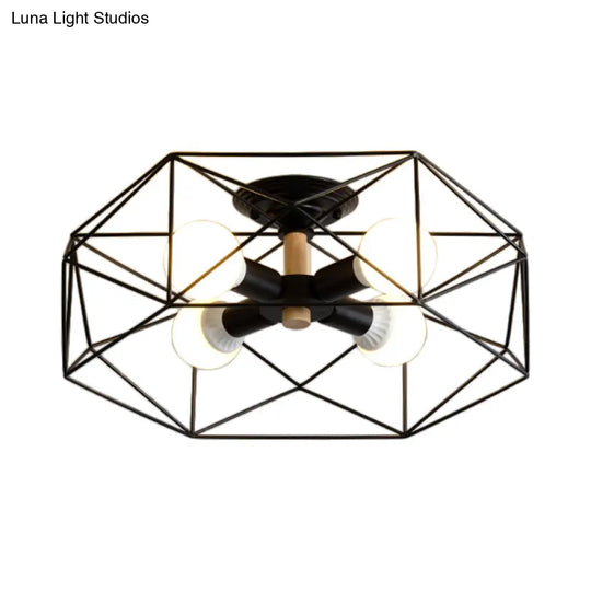 Contemporary Geometric Semi Flush Mount Light With Wire-Cage Shade - 3/4/5 Options