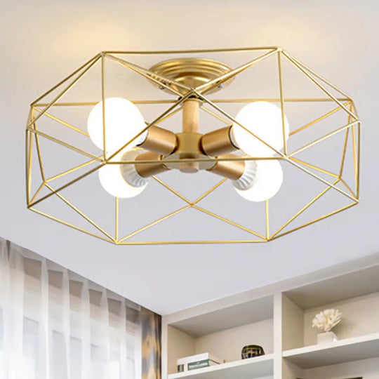 Contemporary Geometric Semi Flush Mount Light With Wire-Cage Shade - 3/4/5 Options