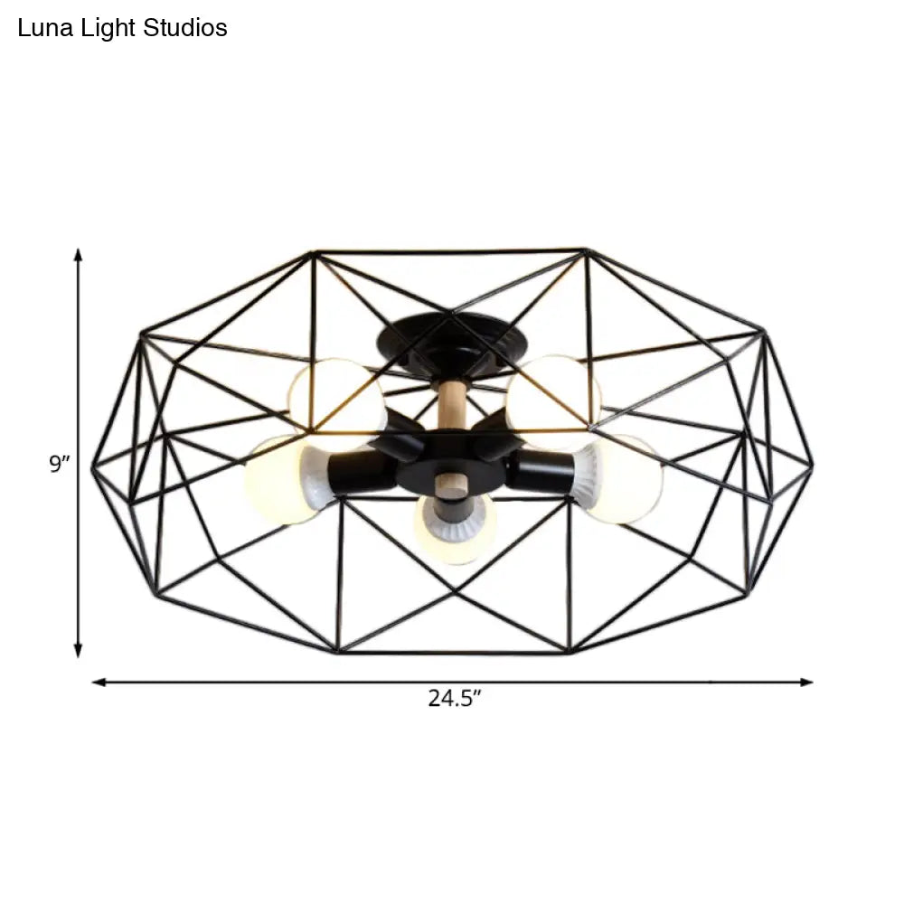 Contemporary Geometric Semi Flush Mount Light With Wire-Cage Shade - 3/4/5 Options