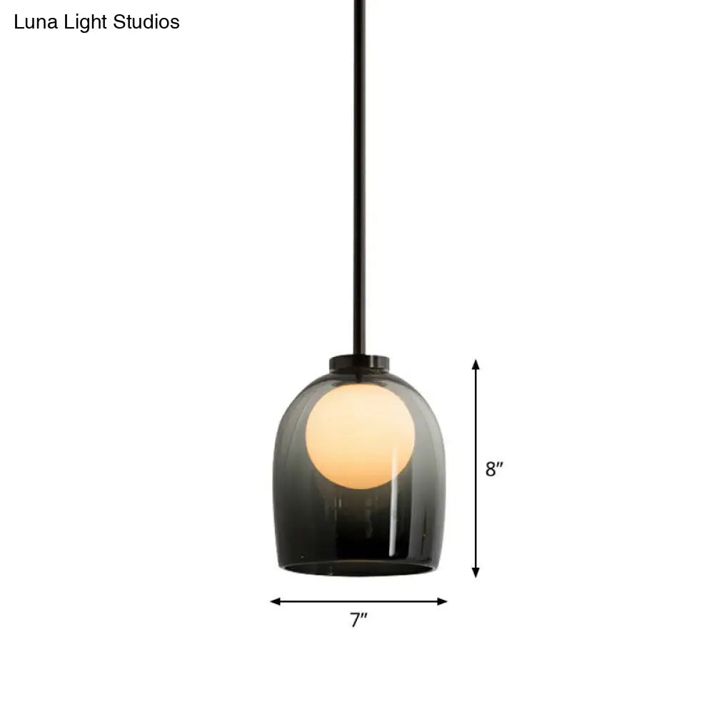 Modern Glass Cup Pendant Light For Dining Room - 1 Head Pendulum Design Smoke Gray