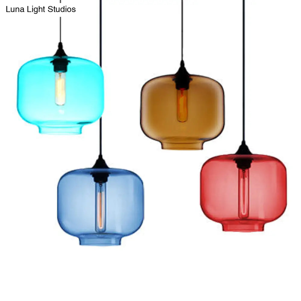 Contemporary Glass Hanging Lamp - Cylinder Shape 1 Light Red/Brown/Blue